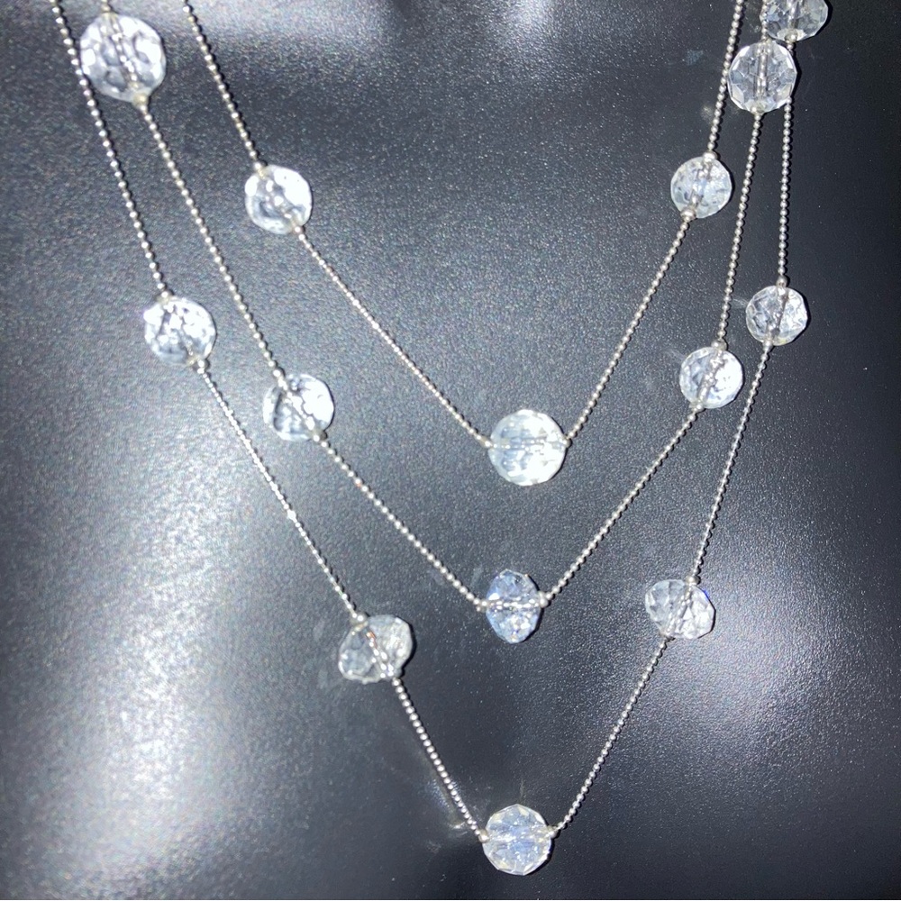 American Eagle Faceted Crystal Silver Long Layered Necklace Statement Jewelry - Picture 6 of 15